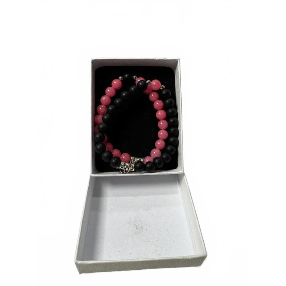 Pink and Black Beaded Couple Bracelets with Heart Charm